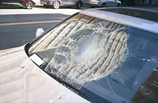 A broken windshield of car.